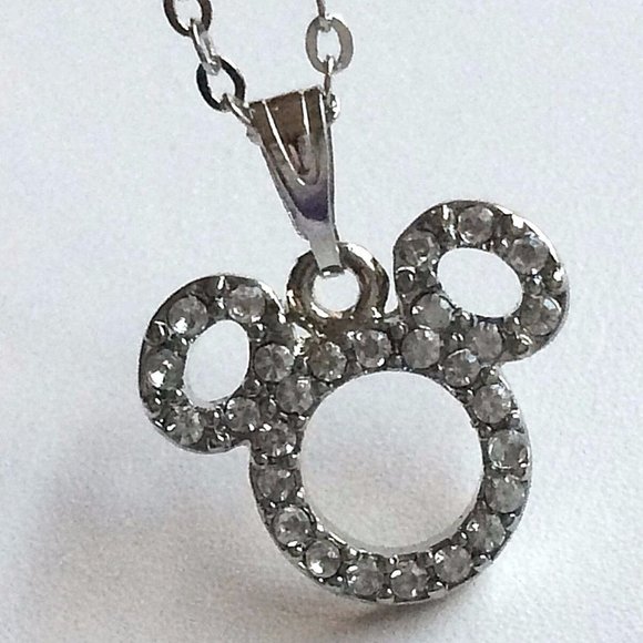Disney Mickey Mouse Ears Necklace Disneyana Crystal Silver Plated 19" Signed - Picture 1 of 9
